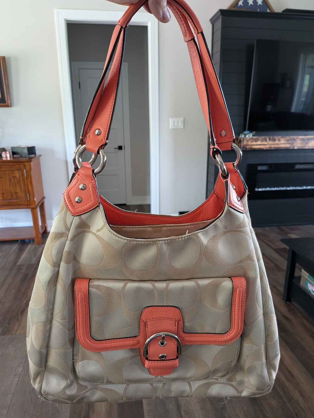 COACH Campbell Coral Lethaher Accents Signature Hobo Shoulder Bag (Style F24742)